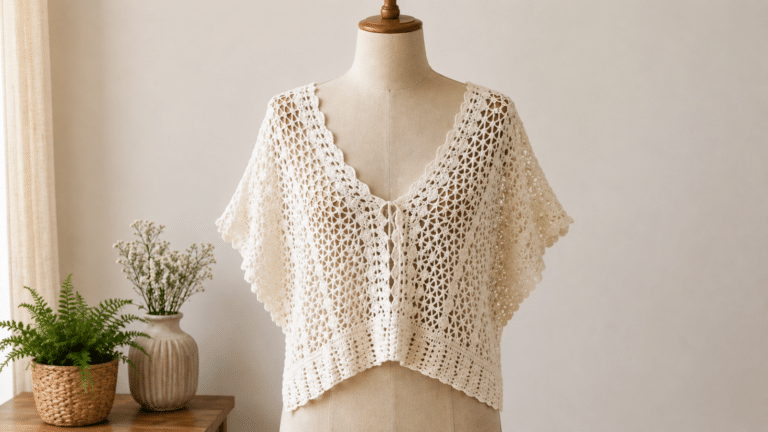 Blusa de crochê branca em manequim, com pontos vazados, decote delicado e acabamento artesanal sofisticado.