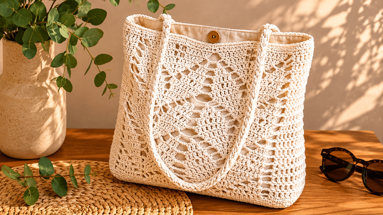 Bolsa de crochê em tom cru com pontos vazados, alças artesanais e visual elegante em composição natural.