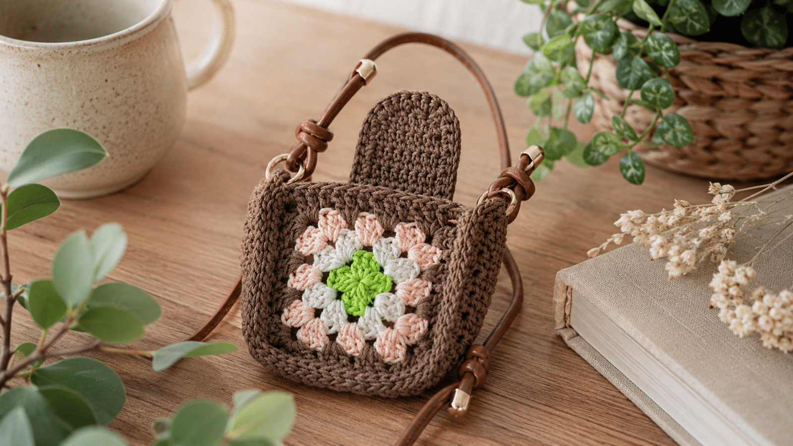 Bolsinha de crochê marrom com square floral colorido, alça prática e acabamento artesanal, ideal para organizar pequenos itens com charme no dia a dia.