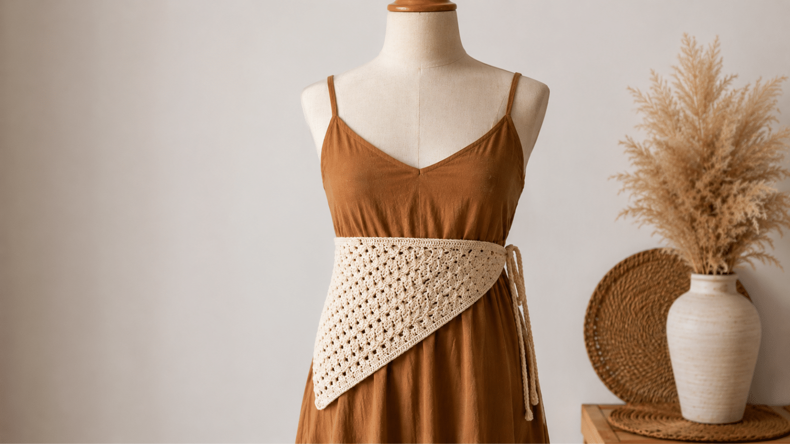 Manequim usando vestido marrom com faixa de crochê em tom cru, criando uma composição artesanal, elegante e cheia de textura para valorizar a cintura.