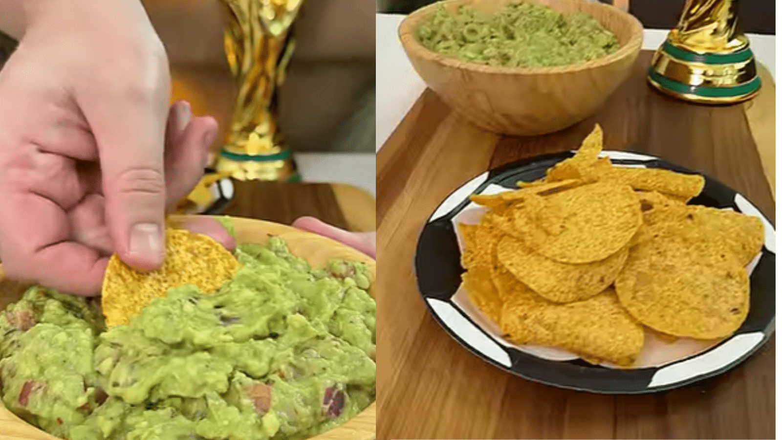 Guacamole mexicano cremoso servido com nachos em mesa temática de futebol, perfeito para acompanhar os jogos da Copa do Mundo.
