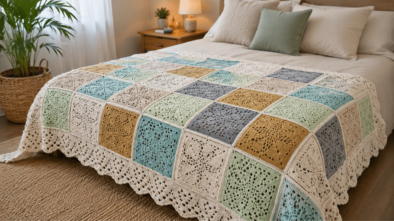 Manta de crochê com squares coloridos em tons suaves decorando a cama com charme artesanal.