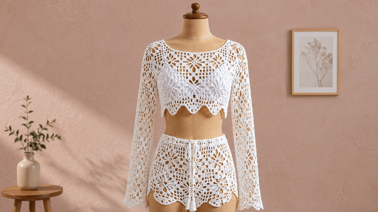 Conjunto de crochê branco em manequim, com cropped de manga longa, shorts de cintura alta e pontos florais vazados.