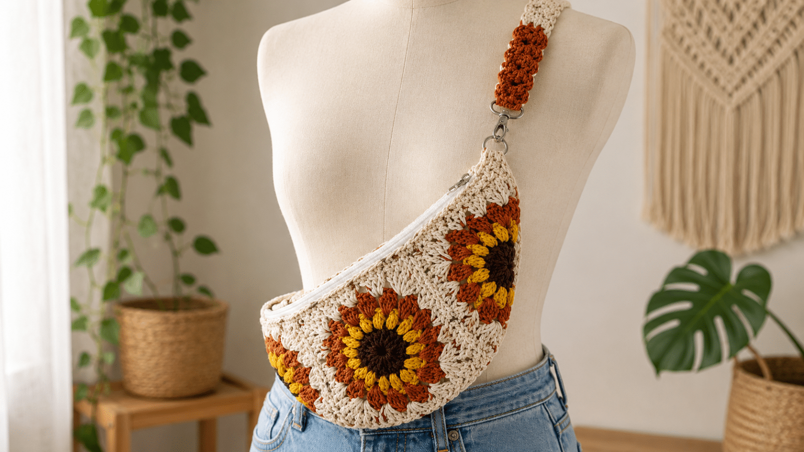 Pochete de crochê transversal com flores em tons terrosos, acabamento artesanal e visual boho delicado.