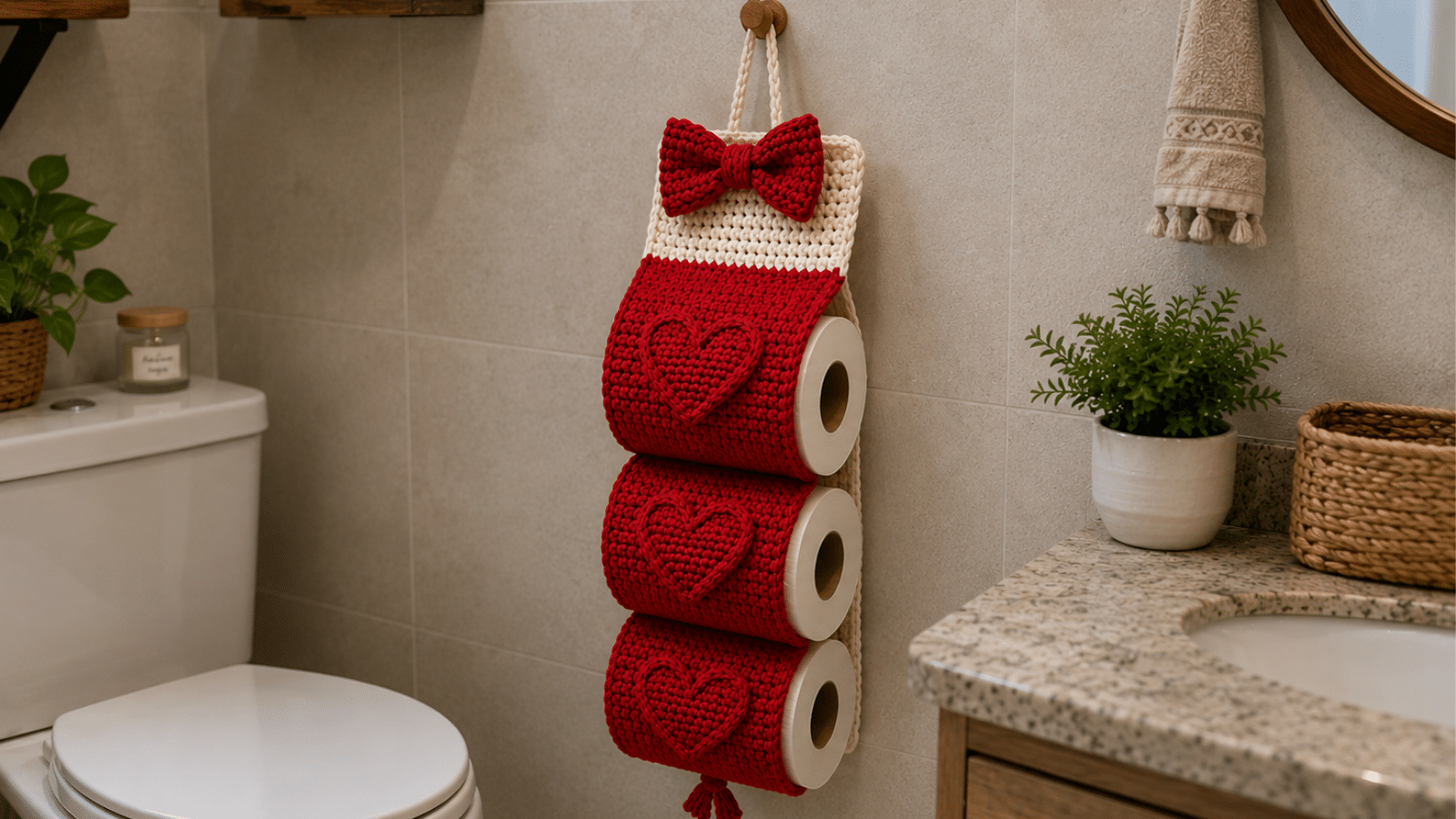 Porta papel higiênico de crochê vermelho com detalhes em coração decora o banheiro com charme artesanal.
