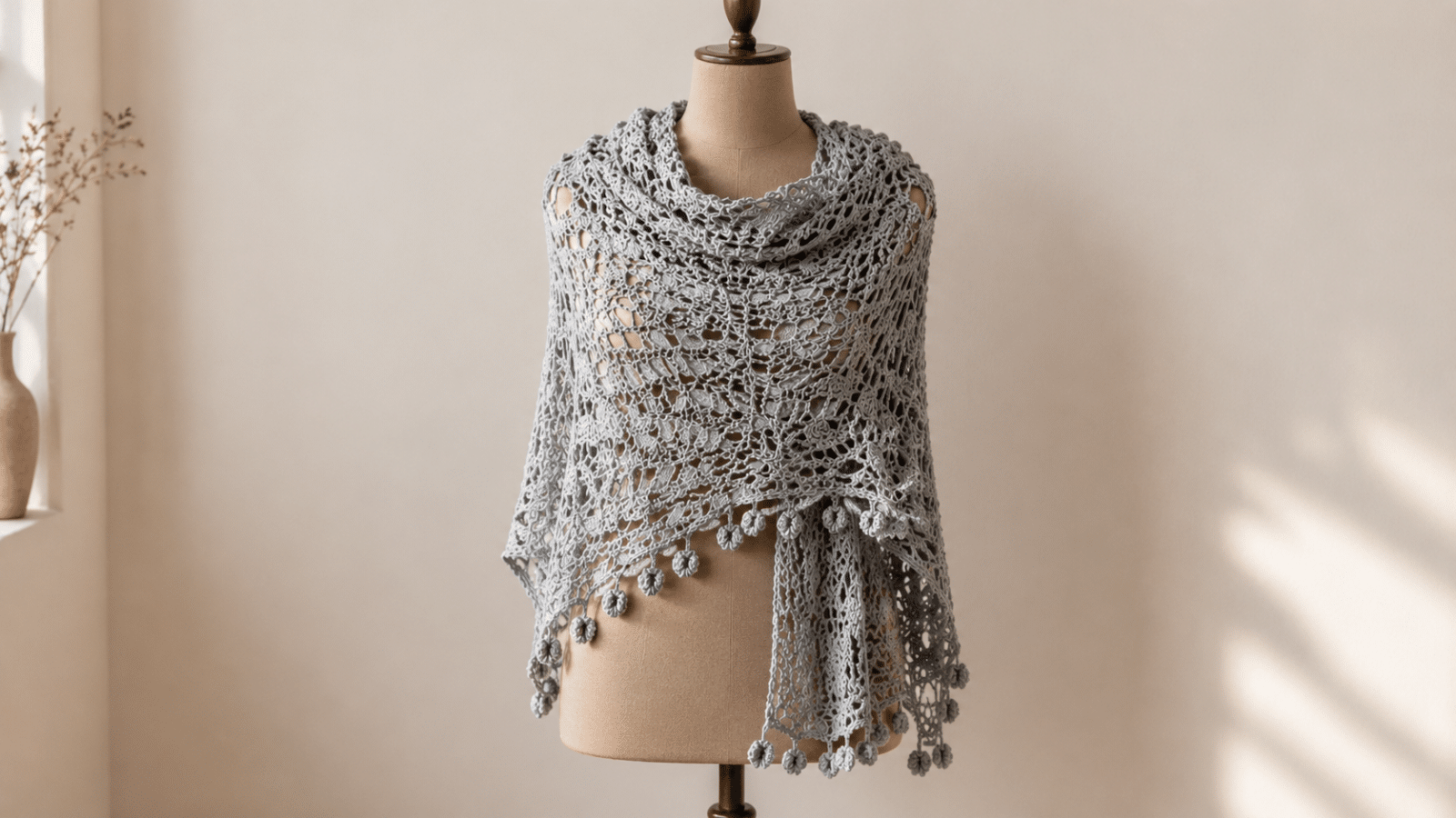 Xale de crochê cinza com pontos vazados e franjas valoriza o look com toque artesanal elegante.