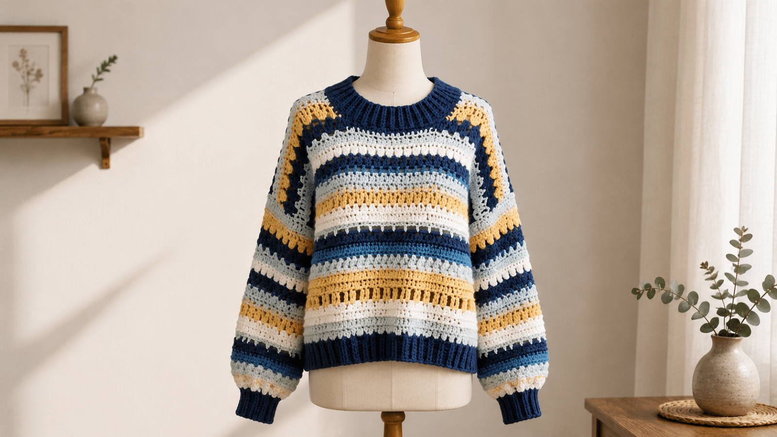 Blusa de crochê listrada em azul, amarelo e branco ganha destaque em manequim com composição simples e artesanal.