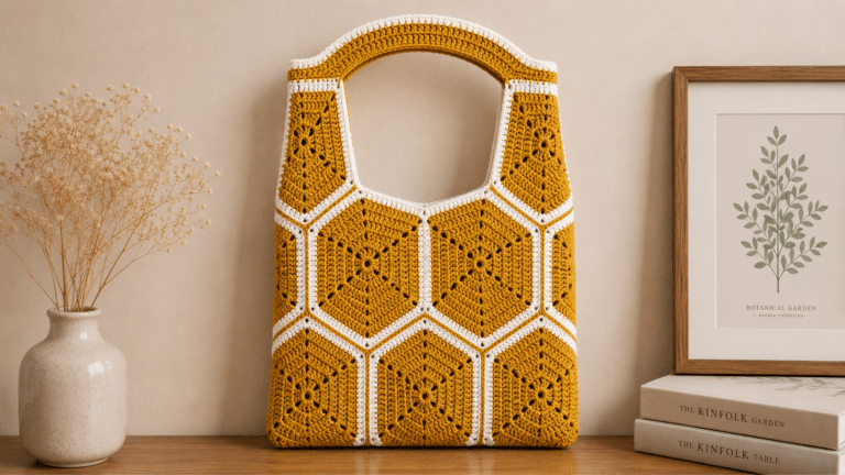 Bolsa de crochê hexagonal em amarelo mostarda com acabamento branco destaca a beleza dos motivos artesanais.
