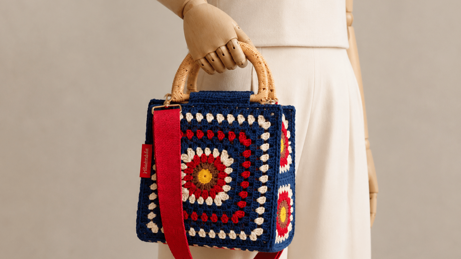 Bolsa de crochê moderna com squares coloridos, alça vermelha e pegador estruturado, exibida em manequim para destacar o charme artesanal da peça.
