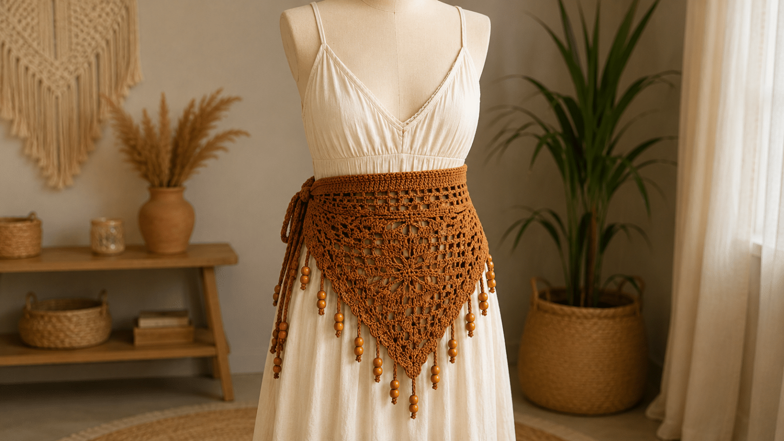 Bandana de crochê com franjas e contas de madeira usada sobre vestido claro em composição artesanal e elegante.