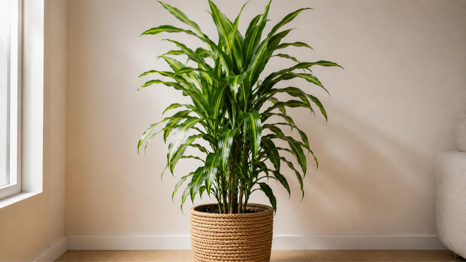 Pau-d’água em vaso natural, centralizado em ambiente interno minimalista, com folhas verdes alongadas e luz suave destacando a beleza da planta.