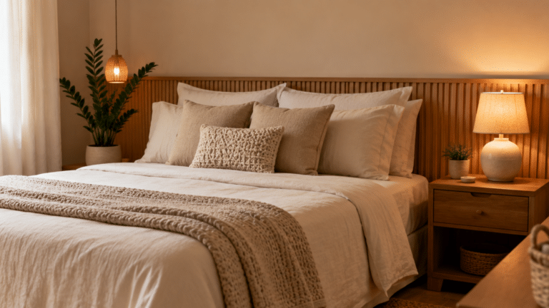 Quarto aconchegante em tons claros, com cama arrumada, iluminação suave, planta e detalhes naturais para um ambiente mais relaxante.