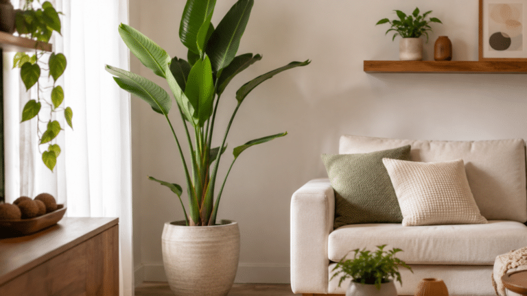 Sala de estar decorada com plantas em pontos estratégicos, criando um ambiente leve, organizado e acolhedor sem excesso visual.