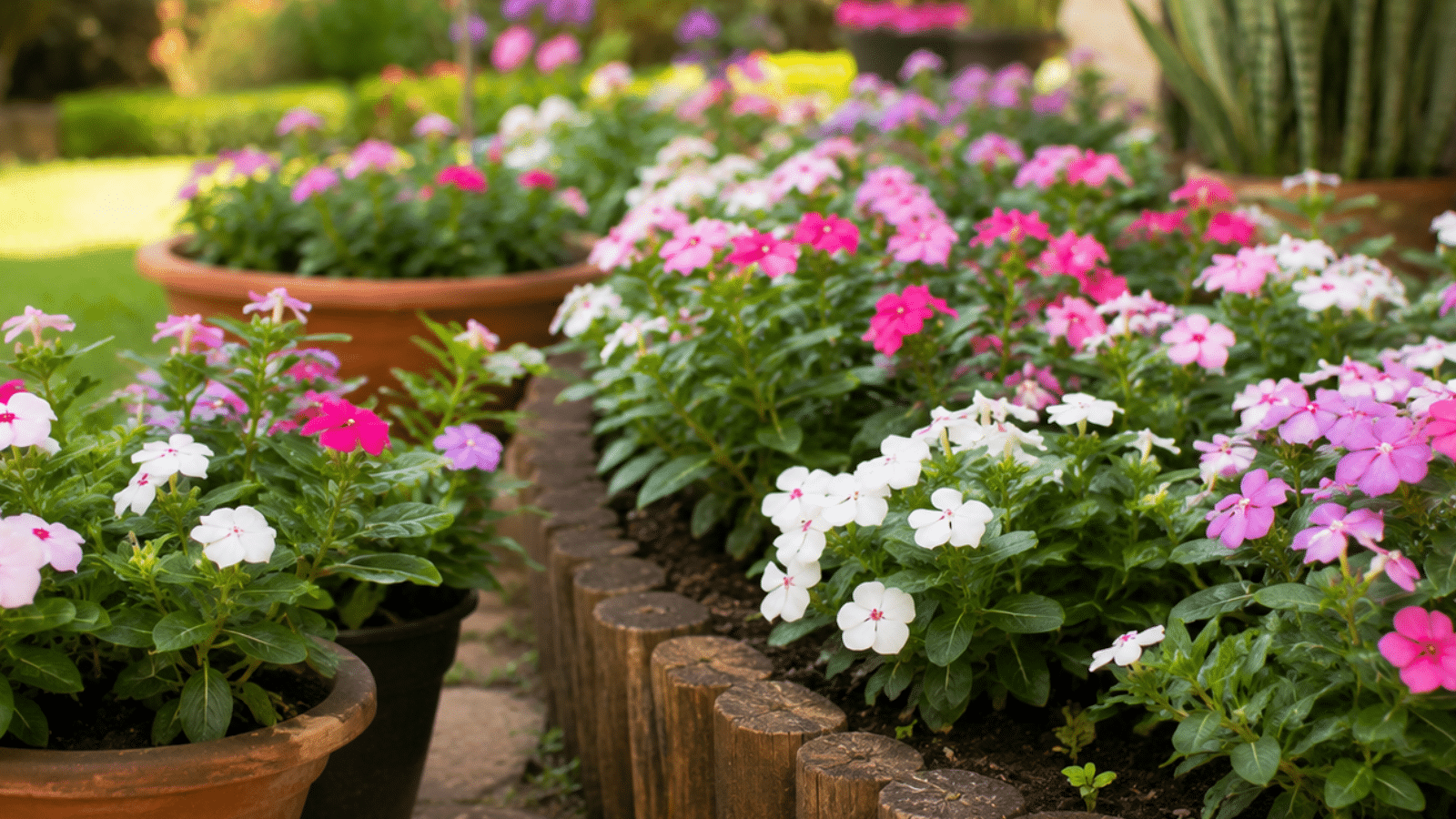 Vincas floridas em tons de rosa, branco e lilás decoram vasos e canteiro baixo em jardim externo simples e colorido.