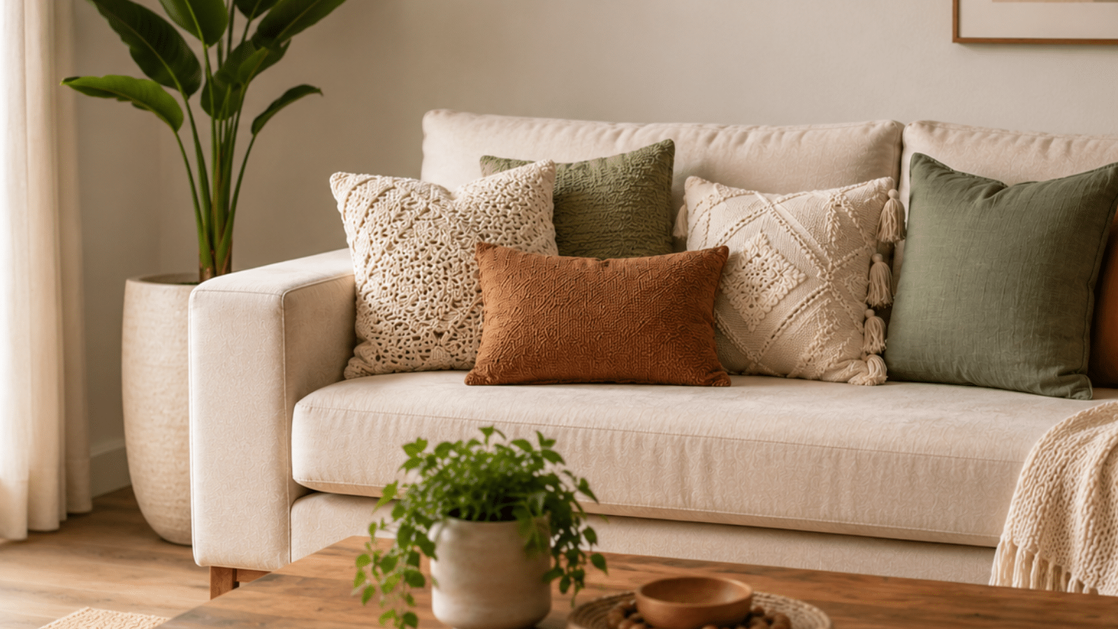 Sala de estar com sofá claro, almofadas em tons neutros, verdes e terrosos, mostrando como pequenos detalhes renovam a decoração com aconchego.
