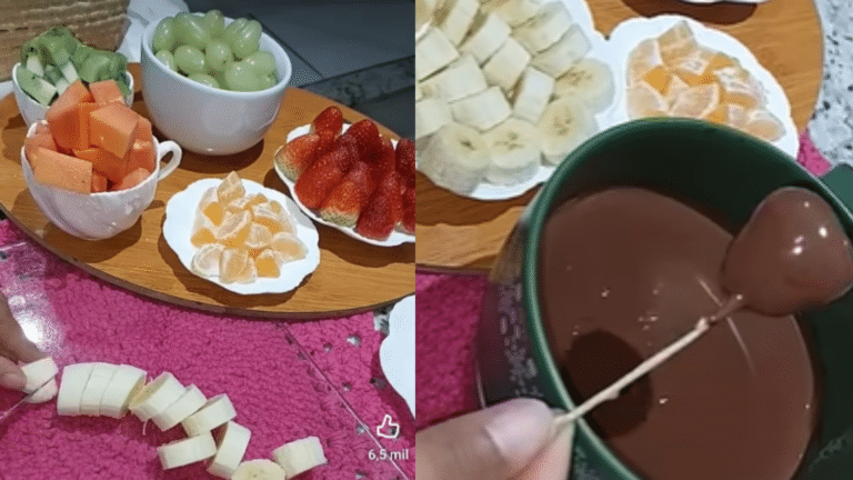 Fondue de chocolate fácil servido com frutas frescas, como morango, banana, uva, kiwi, mamão e tangerina, perfeito para uma sobremesa simples e romântica.