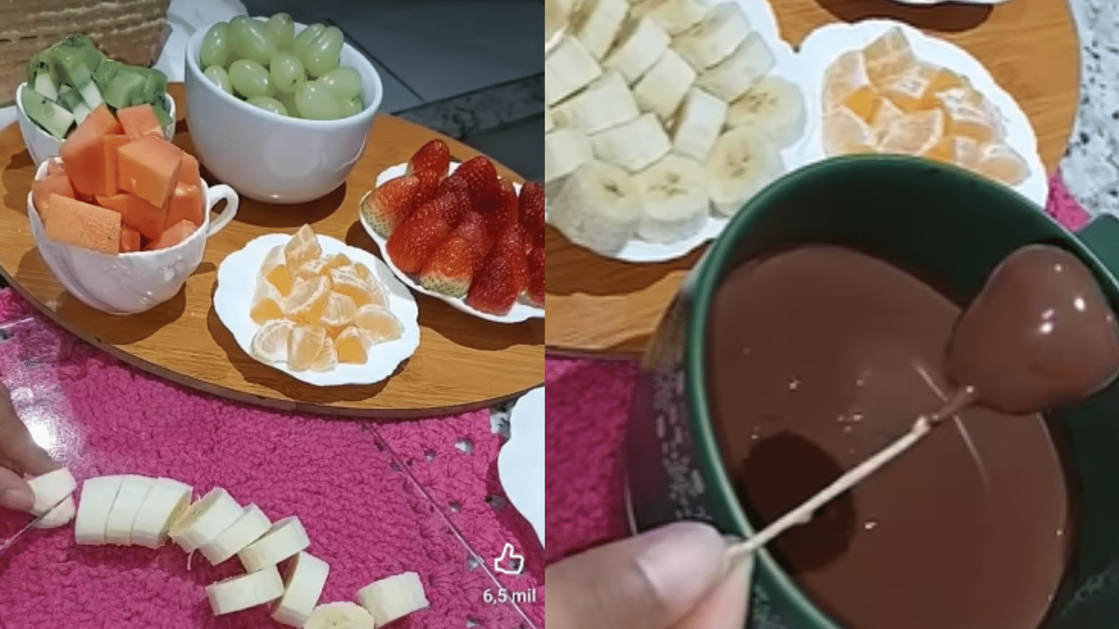 Fondue de chocolate fácil servido com frutas frescas, como morango, banana, uva, kiwi, mamão e tangerina, perfeito para uma sobremesa simples e romântica.
