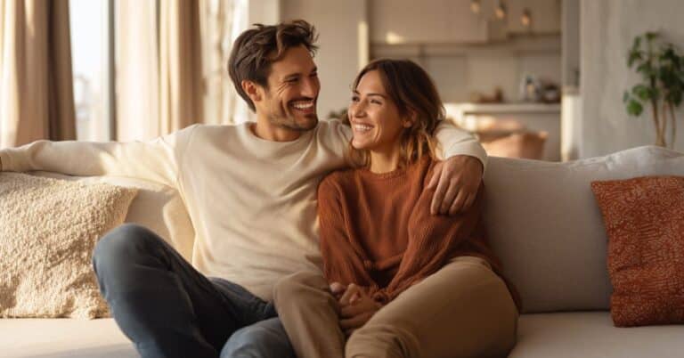Casal sorrindo e compartilhando um momento de afeto em uma sala iluminada.