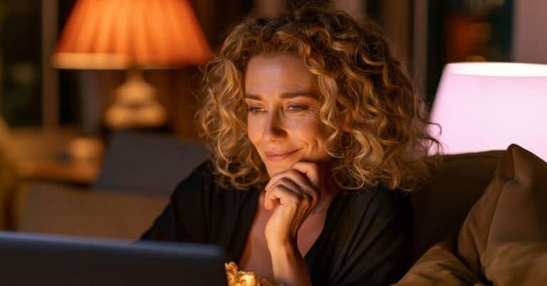 Mulher loira sorrindo no sofá enquanto assiste a um filme em casa à noite.