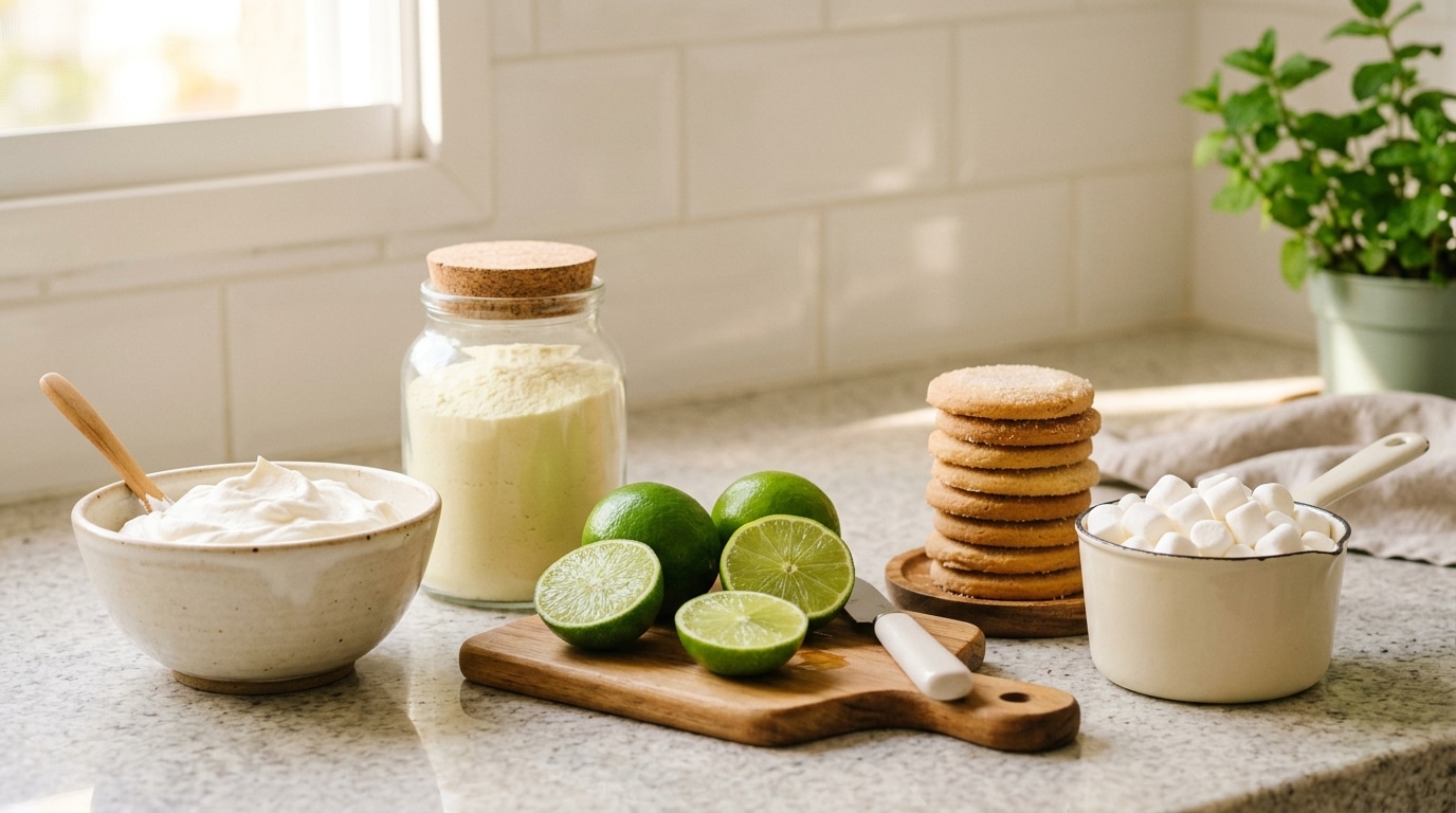 Bancada de cozinha iluminada com os ingredientes da receita: uma tigela com creme, um pote de vidro com ingrediente em pó, limões verdes inteiros e cortados, uma pilha de biscoitos redondos e uma panela com marshmallows.