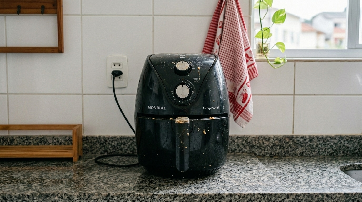 Fritadeira elétrica preta coberta de respingos de gordura e restos de comida, posicionada sobre uma bancada de granito na cozinha.