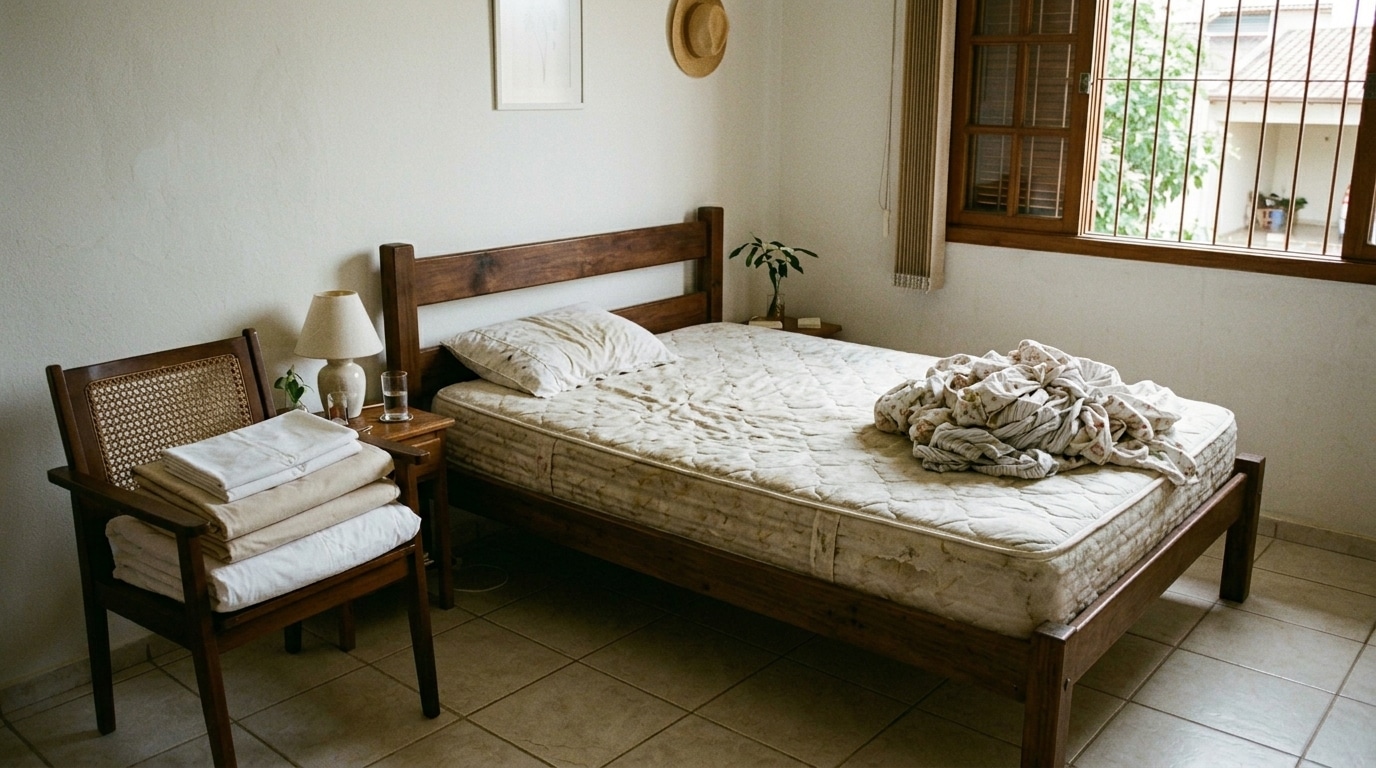 Quarto com cama de casal de madeira exibindo o colchão sem lençol e roupas de cama emboladas em cima. Uma cadeira de madeira e palhinha ao lado guarda lençóis limpos e dobrados.