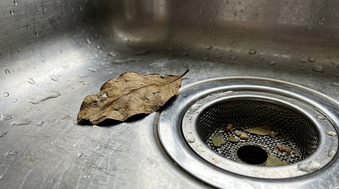 Uma folha de louro marrom e seca repousa em uma pia de aço inoxidável molhada, bem próxima a um ralo com pequenos detritos.
