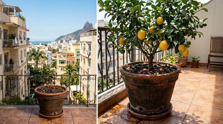 Imagem dividida mostrando o antes e depois do plantio. À esquerda, um vaso de barro apenas com terra na varanda de um apartamento. À direita, o mesmo vaso com um limoeiro anão bem desenvolvido e carregado de limões sicilianos amarelos.