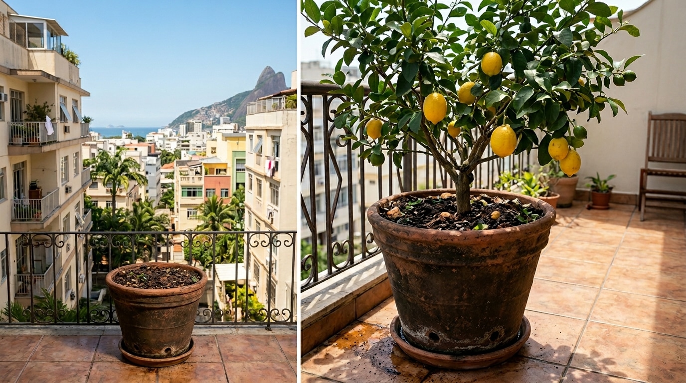 Imagem dividida mostrando o antes e depois do plantio. À esquerda, um vaso de barro apenas com terra na varanda de um apartamento. À direita, o mesmo vaso com um limoeiro anão bem desenvolvido e carregado de limões sicilianos amarelos.