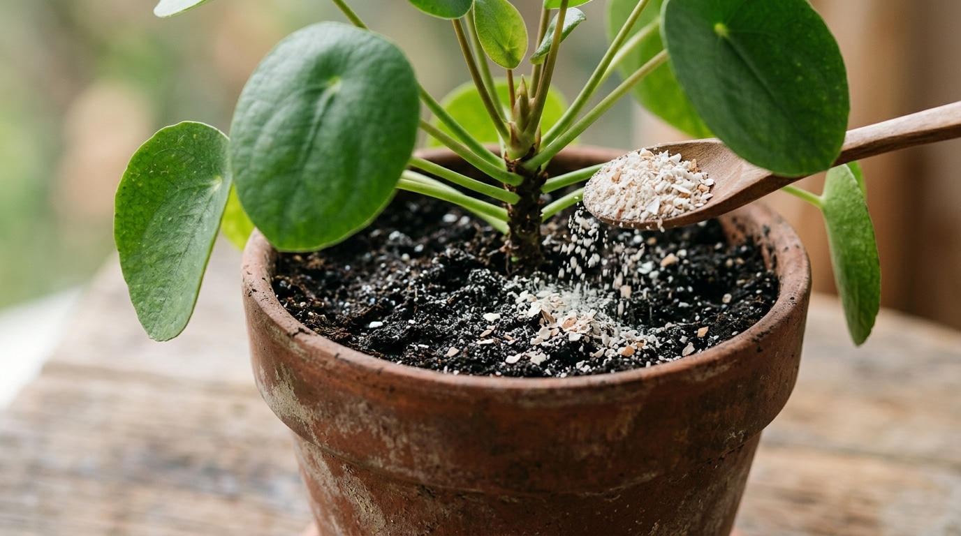 Uma colher de madeira despejando pó de casca de ovo branco e bege sobre a terra úmida de uma planta pilea em vaso de barro.
