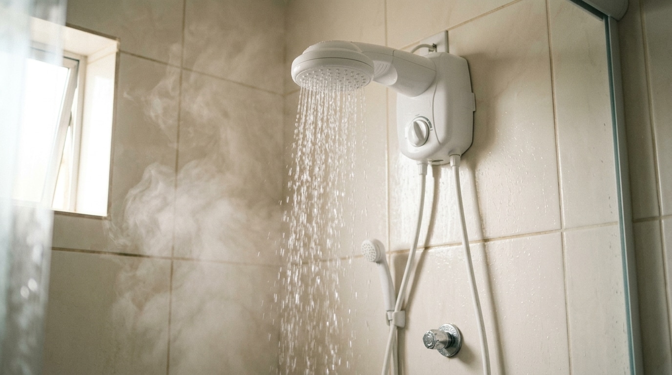 Chuveiro elétrico branco ligado, fixado em uma parede de azulejos brancos. A água cai formando fumaça de vapor, e os fios da instalação elétrica estão visíveis na conexão superior com a parede.