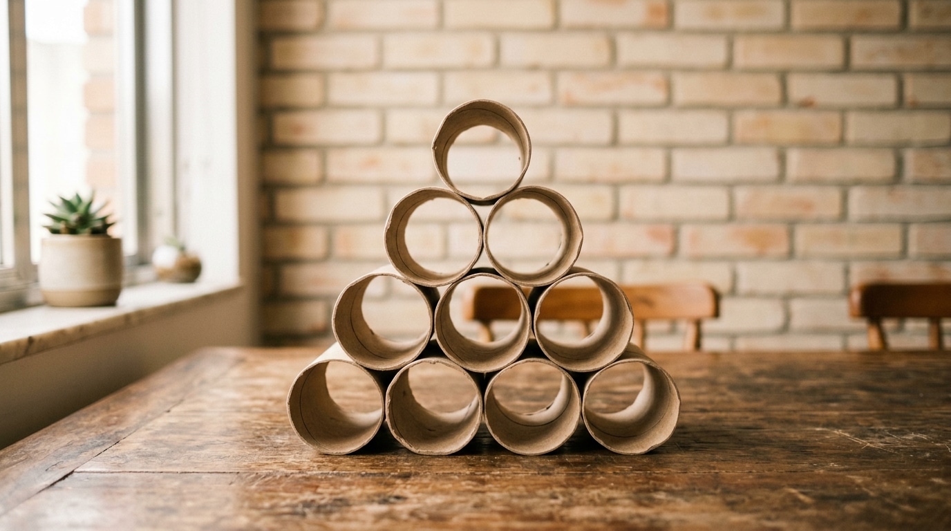 Dez rolos de papel higiênico vazios de papelão, empilhados formando uma pirâmide sobre uma mesa de madeira rústica. Ao fundo, uma parede de tijolinhos aparentes e a luz natural de uma janela à esquerda.