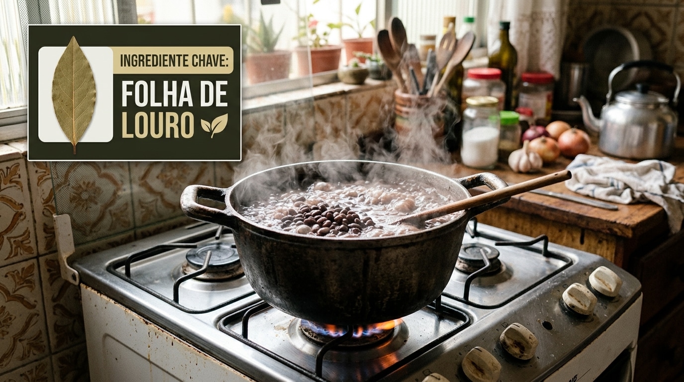 Panela de ferro fumegante no fogão com feijão cozinhando, com um destaque visual no canto superior esquerdo escrito 'Ingrediente Chave: Folha de Louro'.