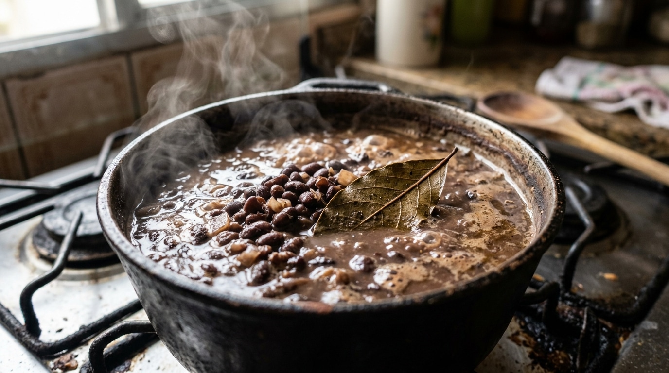 Panela de ferro rústica sobre a grade de um fogão a gás, contendo feijão escuro recém-cozido borbulhando com caldo grosso, vapor subindo e uma folha de louro em destaque no centro.