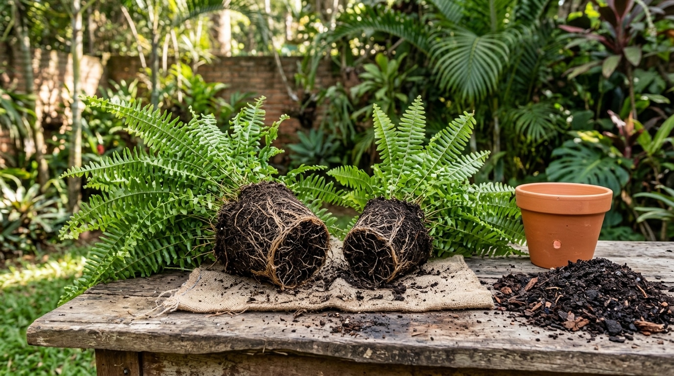 Duas metades de uma samambaia com as raízes e a terra expostas sobre um tecido rústico em uma mesa de madeira, ao lado de um vaso de barro vazio e um monte de substrato.