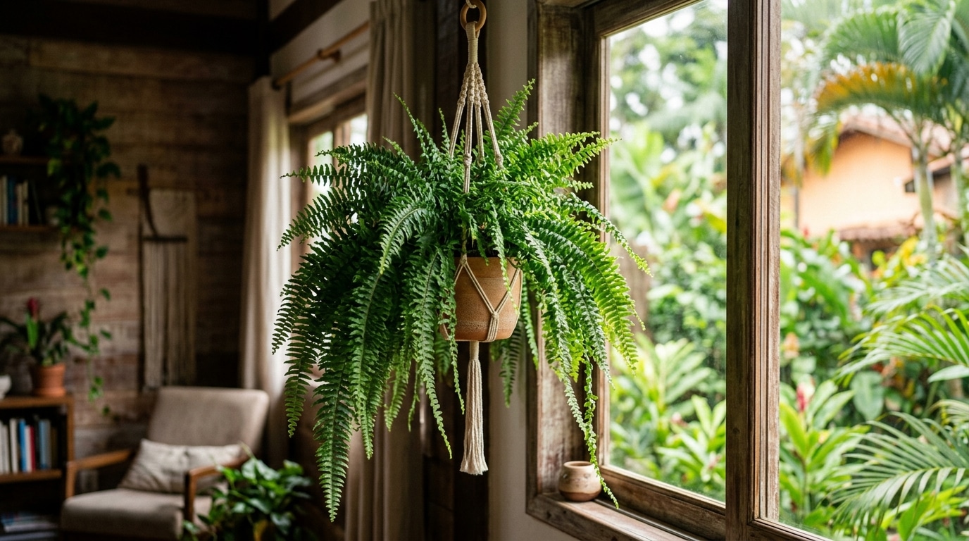 Samambaia volumosa de folhas longas e verdes cultivada em um vaso suspenso por um suporte de macramê, pendurada bem em frente a uma janela de madeira iluminada em uma sala rústica.