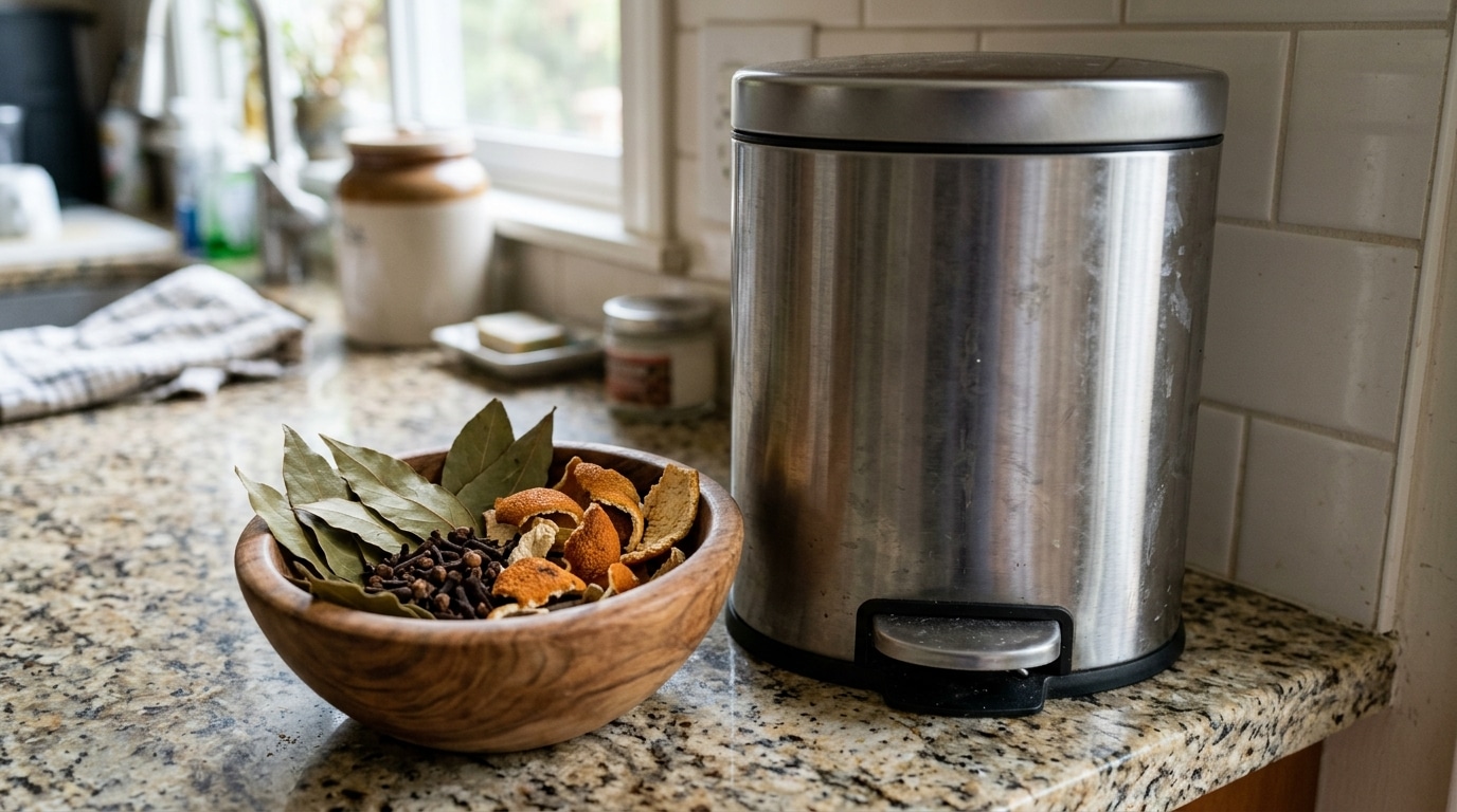 Tigela de madeira com folhas de louro, cravos e cascas de laranja secas sobre bancada de granito, ao lado de uma lixeira de inox.