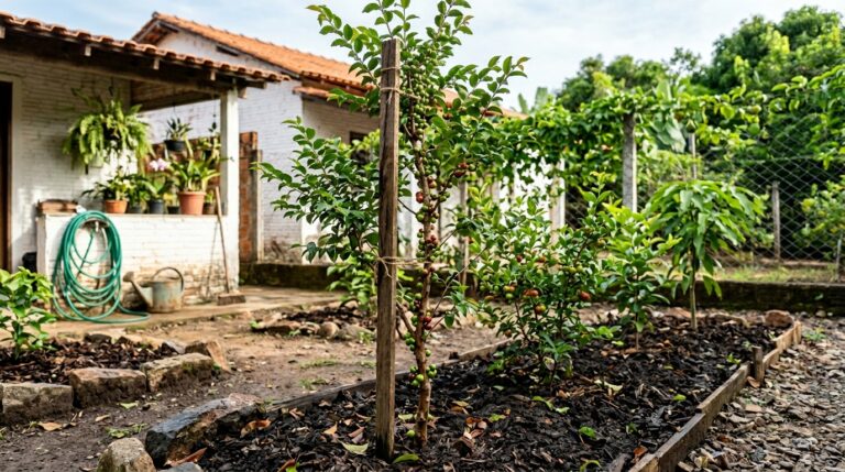 Muda jovem de jabuticabeira sustentada por uma estaca de madeira em um canteiro adubado, exibindo os primeiros pequenos frutos escuros nascendo diretamente ao longo do tronco principal.