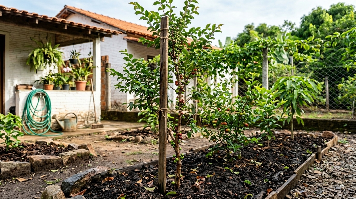 Muda jovem de jabuticabeira sustentada por uma estaca de madeira em um canteiro adubado, exibindo os primeiros pequenos frutos escuros nascendo diretamente ao longo do tronco principal.