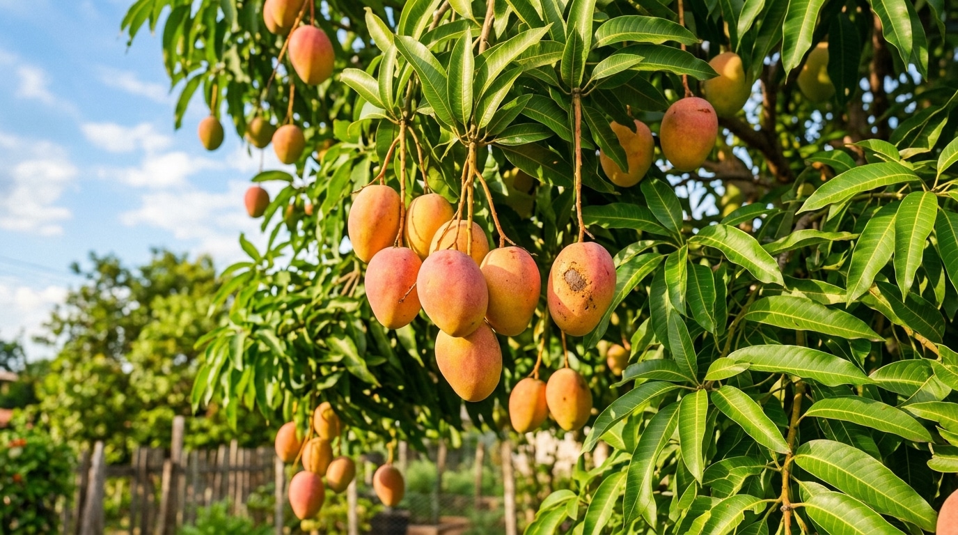 Várias mangas coloridas em tons de amarelo, laranja e vermelho penduradas em um galho verde com folhas compridas de mangueira, sob um céu azul.