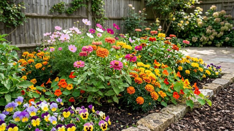 Canteiro de terra escura delimitado por pedras, repleto de flores abertas e vibrantes em tons de rosa, laranja, amarelo e roxo ao lado de uma cerca de madeira.