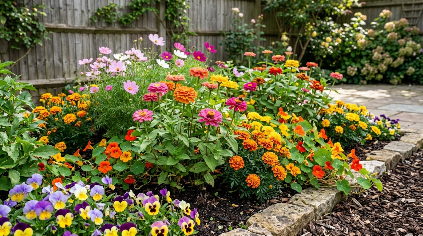 Canteiro de terra escura delimitado por pedras, repleto de flores abertas e vibrantes em tons de rosa, laranja, amarelo e roxo ao lado de uma cerca de madeira.