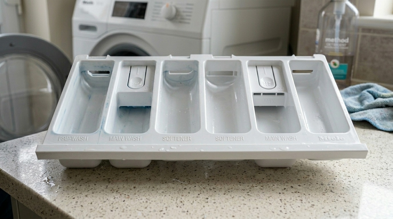 Gaveta de plástico branco com múltiplos compartimentos para sabão e amaciante sobre uma bancada de granito, contendo gotas de água e manchas de sabão azul.