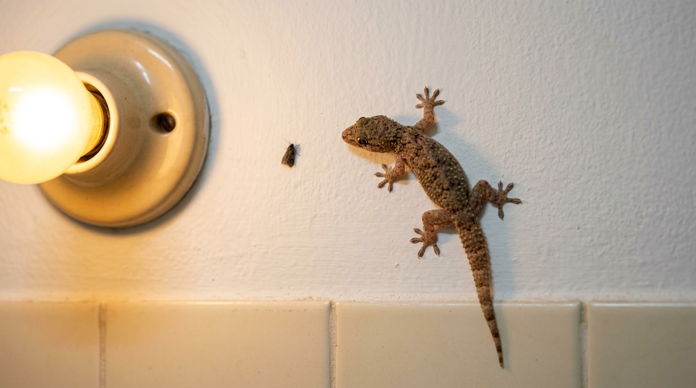 Uma lagartixa marrom fixada em uma parede branca lisa, posicionada estrategicamente ao lado de um bocal de cerâmica com uma lâmpada acesa, observando uma pequena mariposa pousada logo à frente.