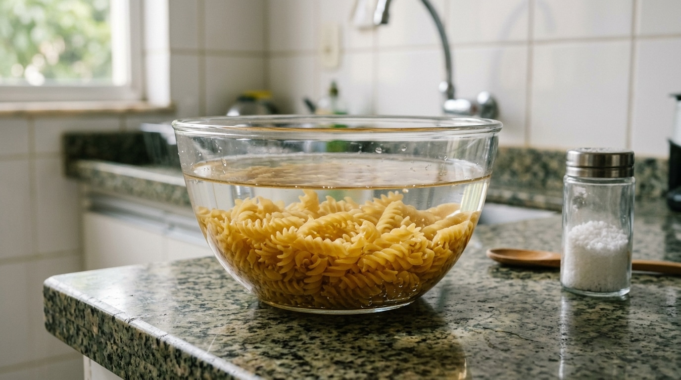 Close-up de uma tigela de vidro transparente cheia de macarrão tipo fusilli (parafuso) cru, sobre uma mesa de madeira rústica em uma cozinha com iluminação natural.