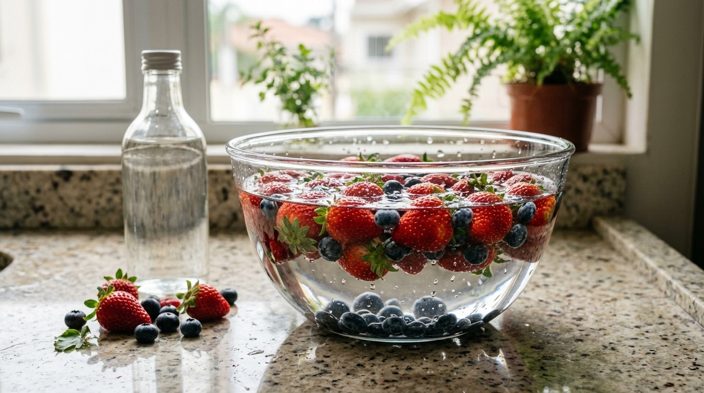 Uma tigela grande de vidro cheia de água contendo morangos e mirtilos imersos, sobre uma bancada de granito na cozinha, com uma garrafa de vinagre de álcool e algumas frutas soltas ao lado