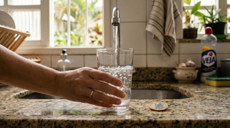 Mão segurando um copo de vidro transparente sendo enchido com água da torneira sobre uma bancada de granito, com uma moeda de 1 Real ao lado.
