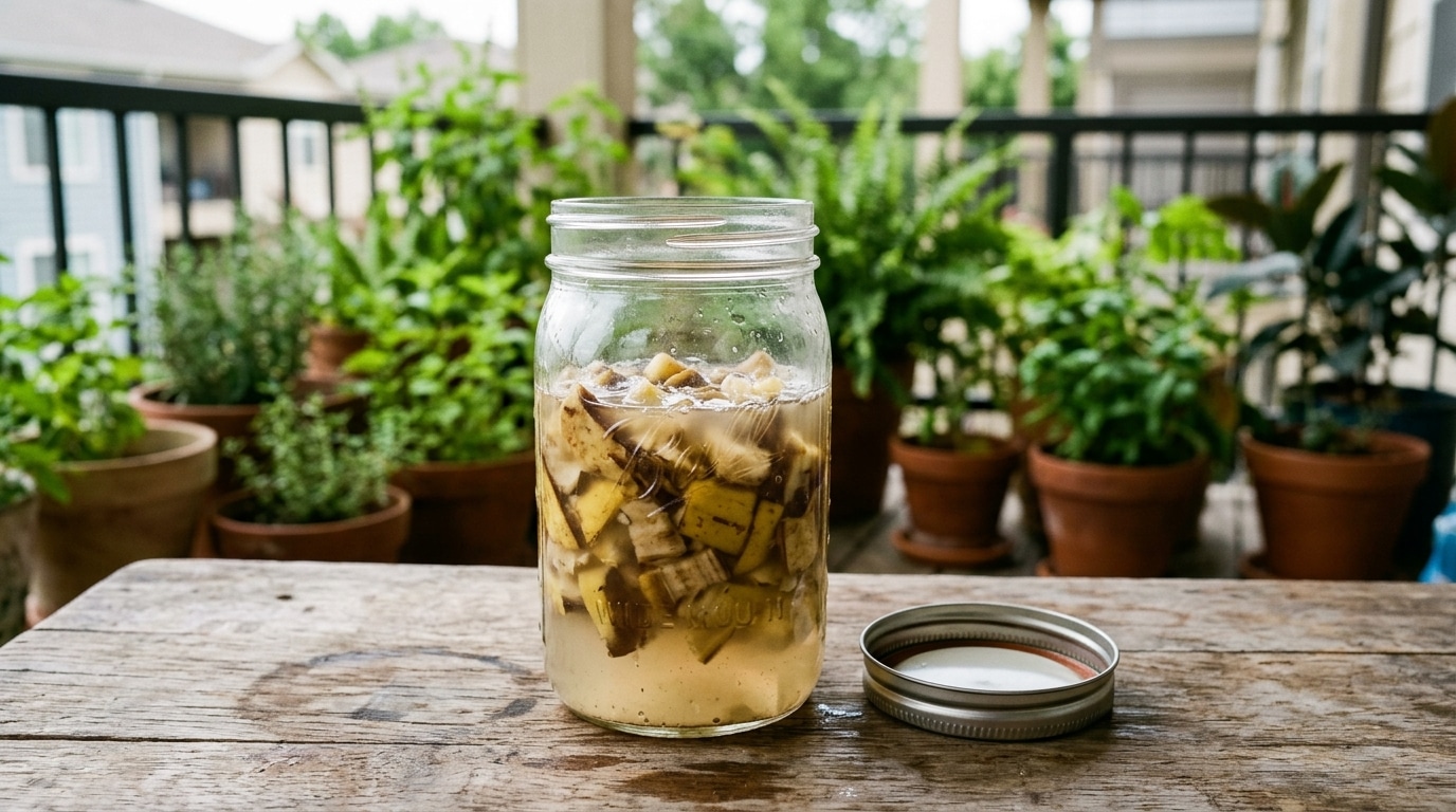 Close-up de um frasco de vidro selado contendo pedaços de casca de banana infundindo em líquido em uma mesa de madeira rústica na varanda. O frasco está rodeado por vasos de plantas saudáveis e vibrantes.