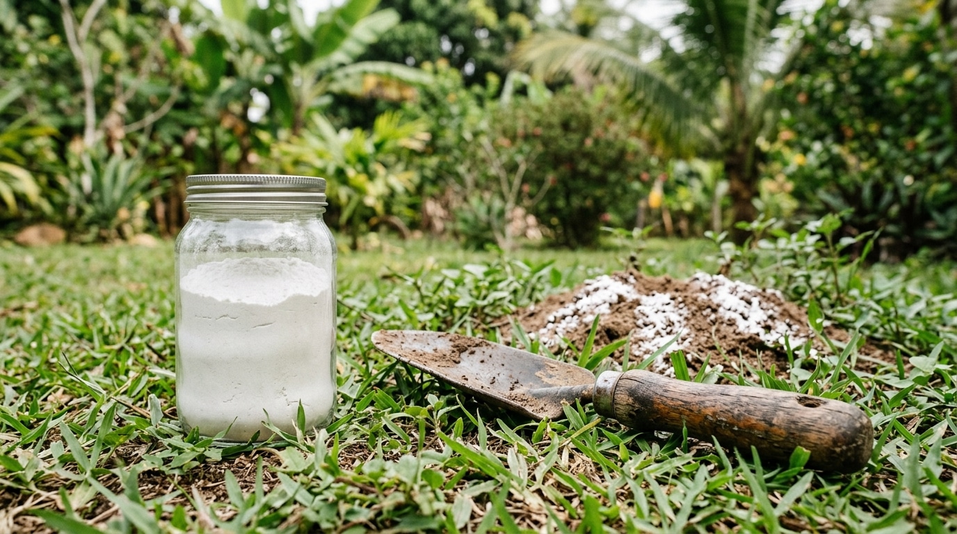 Um pote de vidro com pó branco, uma pá de jardinagem com cabo de madeira e um formigueiro tratado com pó no fundo, sobre a grama.
