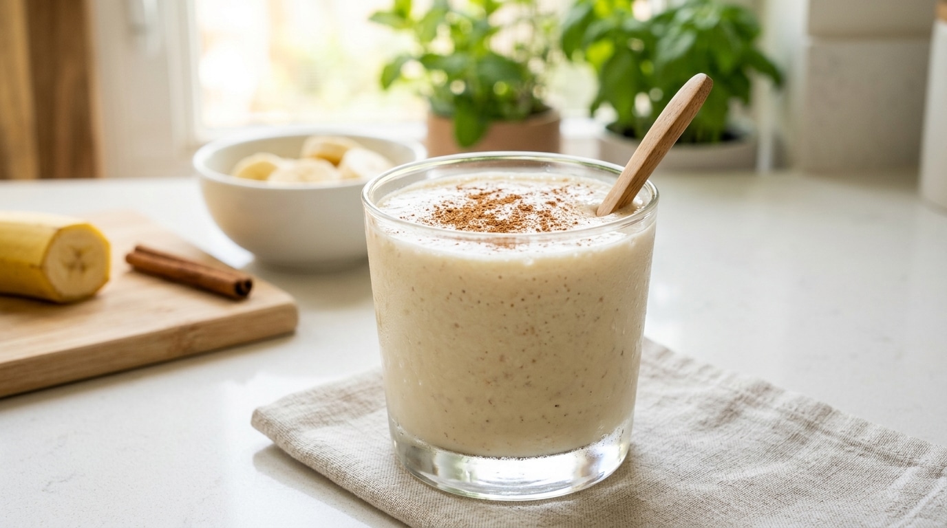 Copo alto de vidro suado cheio de vitamina de banana espessa e cremosa, repousando sobre uma mesa rústica de madeira iluminada pela luz da manhã.